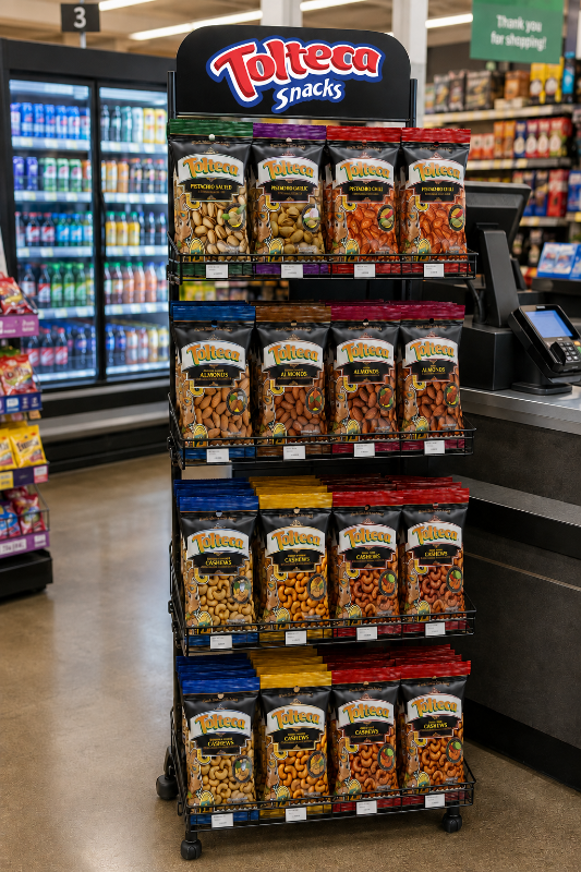 A Tolteca Snacks floor rack of Black Label pistachios, almonds and cashews at a store checkout