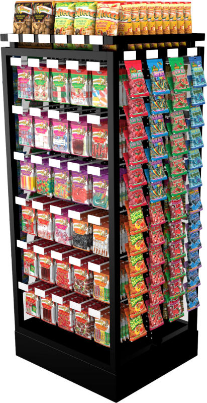 Four-sided Tolteca merchandising rack stocked with candies, snacks and gummies